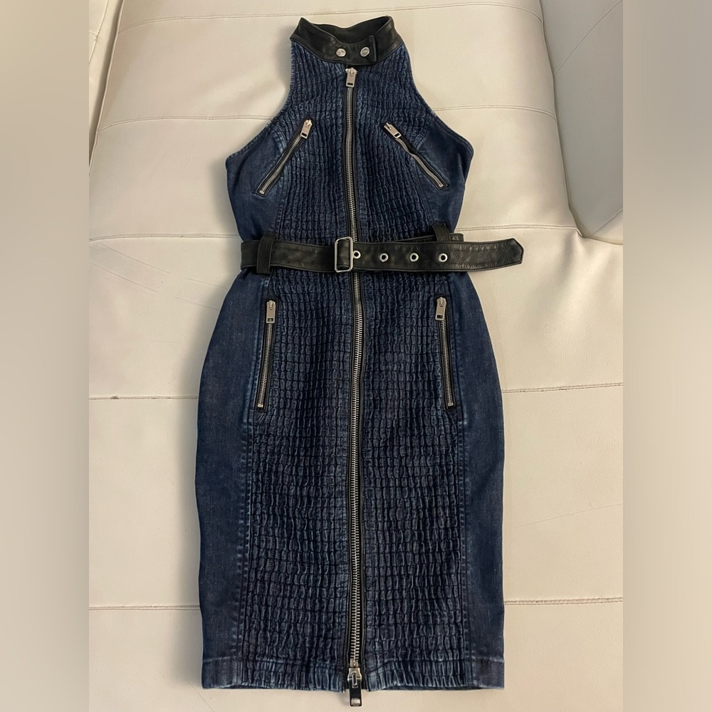 Y2K Diesel halter ruched denim midi bodycon dress w leather accents XS